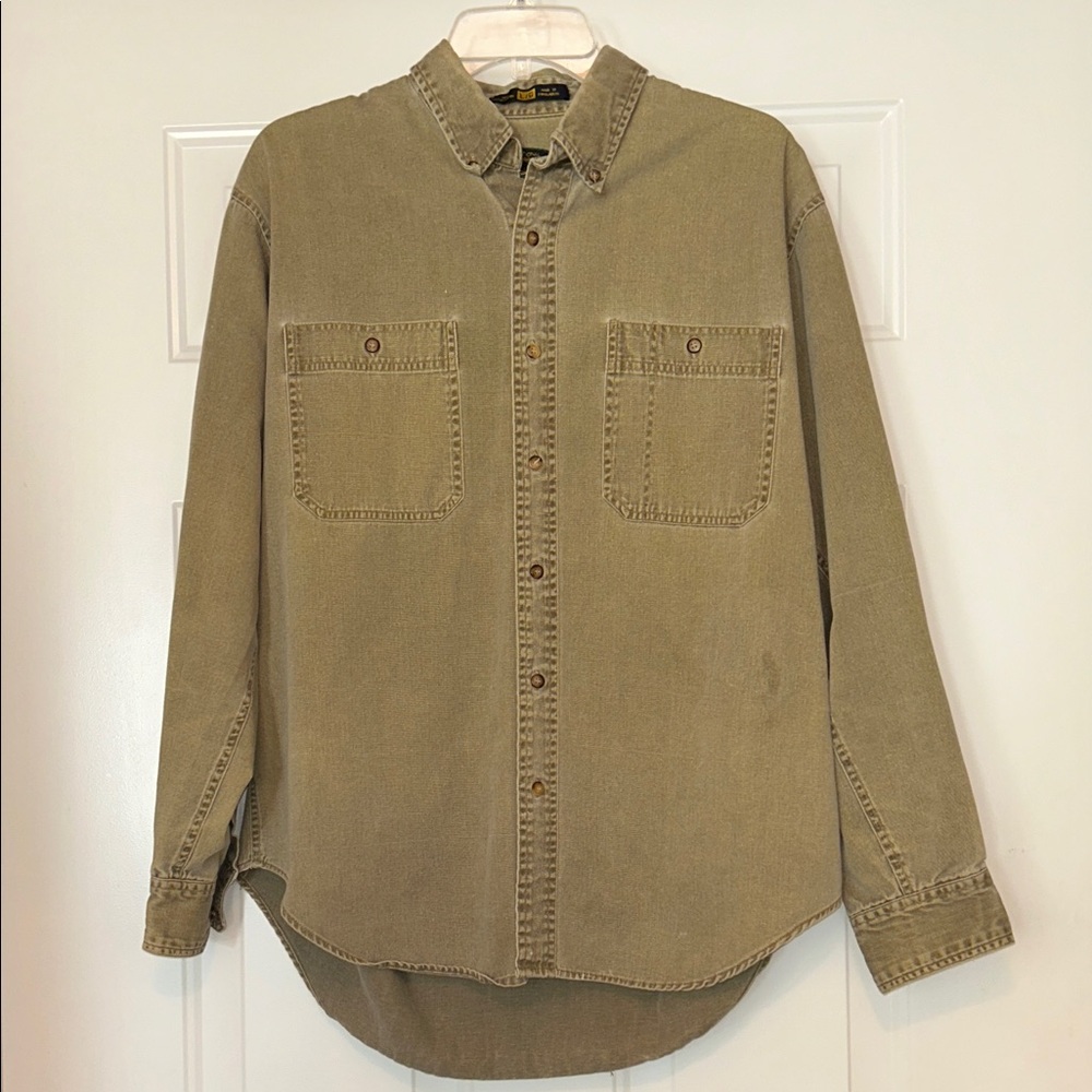 International Waters Men's Button-Up Shirt Large Tan Denim Distressed Heavy Duty